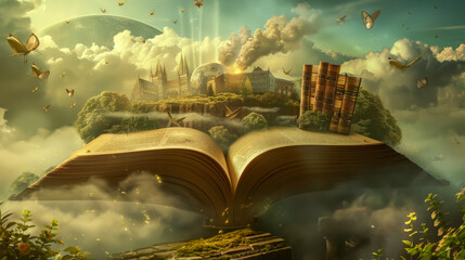 A book is open to a page with a castle and a forest - obrazy, fototapety, plakaty