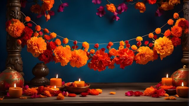  An artistic interpretation of Chinese Mid-Autumn Festival or Toran Indian traditional Diwali decoration using orange and red marigold flowers, blending cultural elements with vibrant colors