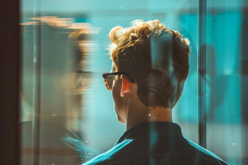 A man with glasses is looking out a window - obrazy, fototapety, plakaty