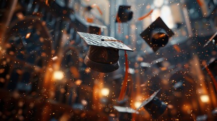 Black graduation caps fly through the air with orange glowing particles.