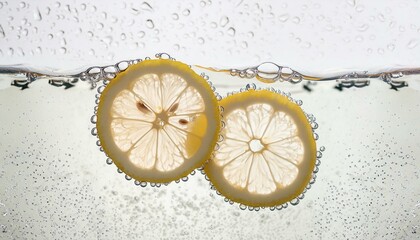 Two vibrant lemon slices float gently in the fizzy effervescence of a chilled soda, their citrusy essence infusing the drink with a refreshing zest. - obrazy, fototapety, plakaty