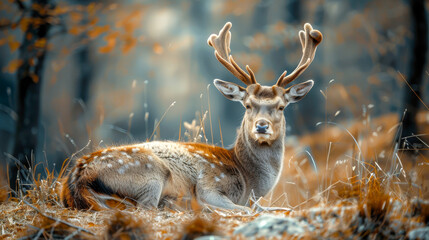 A deer is laying down in the grass - obrazy, fototapety, plakaty