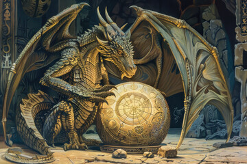 A dragon is sitting on a stone with a golden ball in front of it - obrazy, fototapety, plakaty