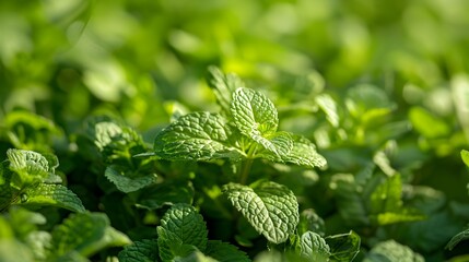 Refreshing Meadow with Mint Green Foliage and Fragrant Peppermint Breeze - obrazy, fototapety, plakaty