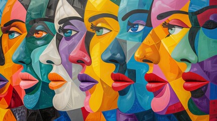 Colorful abstract painting of women's faces
