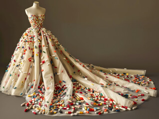 A dress made of pills is on display - obrazy, fototapety, plakaty
