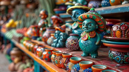 Colorful clay figures and bowls in a latin market