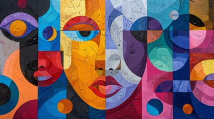 Colorful abstract portrait of a woman, painted in a cubism style with bright colors.