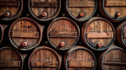 Obraz premium Rows of wooden wine barrels stacked high, creating a picturesque background