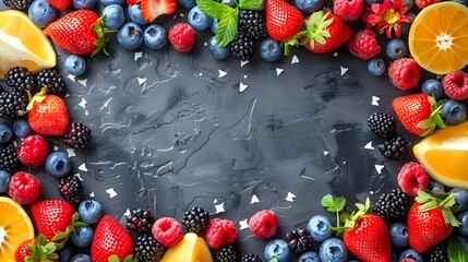 Fresh Healthy Fruits and Berries on Dark Background - obrazy, fototapety, plakaty