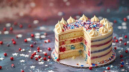Beautifully Decorated Birthday Cake with Colorful Sprinkles and Confetti on Festive Table - obrazy, fototapety, plakaty