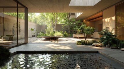 Courtyard with a reflecting pool and lush greenery - obrazy, fototapety, plakaty