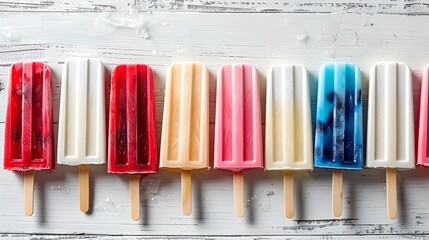 Colorful Popsicles Arranged on Wooden Background Refreshing Summer Treat - obrazy, fototapety, plakaty