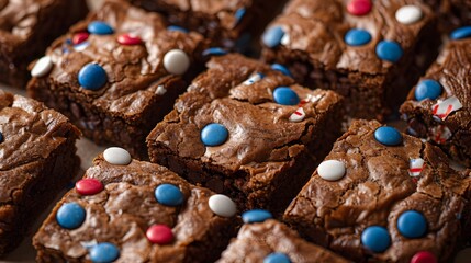Decadent Homemade Chocolate Brownies with Vibrant Candy Toppings for a Delightfully Sweet Treat - obrazy, fototapety, plakaty