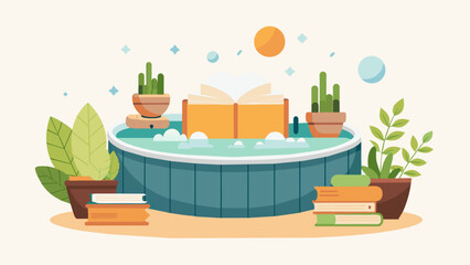 A spacious jacuzzi tub lined with decorative stones surrounded by potted herbs and a stack of gardening books for a spalike experience..