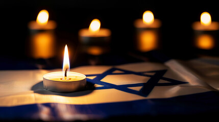 Candle burning on the flag of Israel symbolizing remembrance and solemnity - obrazy, fototapety, plakaty