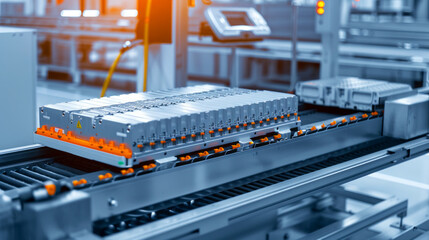 Electrical vehicle battery module on a conveyor belt in an automated production line