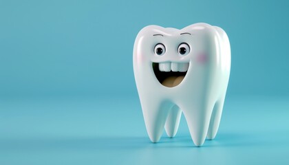 Happy tooth cartoon character on blue background