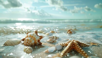Serene seashore with seashells at sunset