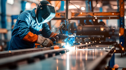 Welder in protective gear meticulously fusing metal with sparks flying in an industrial setting