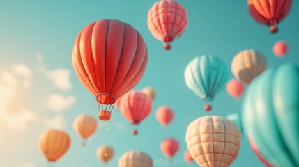 Obraz premium Hot air balloons in various pastel colors floating in a clear blue sky.
