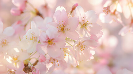 Obraz premium Softly lit, delicate cherry blossoms in full bloom, showing the beauty of spring and renewal with a dreamlike, ethereal quality