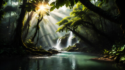 A peaceful river winding through a dense forest, with sunlight filtering through the canopy and dappling the water's surface