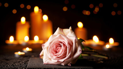 Focused pink rose against blurred candles on grave in homage to love and remembrance