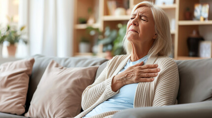 Elderly Woman Experiencing Chest Pain, Indicative of Potential Heart Complications at Home
