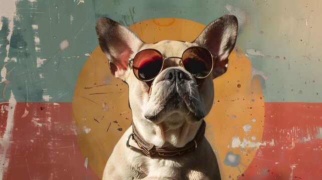 French bulldog with sunglasses on a background of an old painted wall