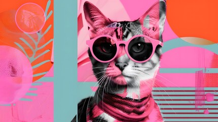 Fashionable cat in sunglasses and scarf on colorful background, Collage