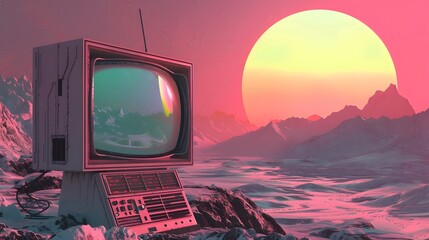 Retro TV on the background of the sunset. 