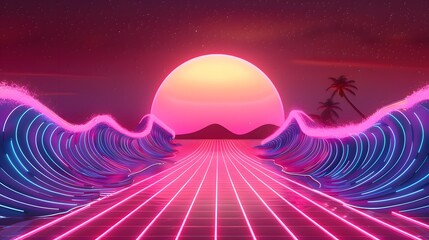 Abstract landscape with neon lights. Futuristic background.