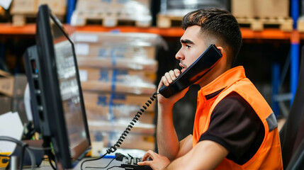 Warehouse Employee Multitasking with a Telephone Call at Workstation Amidst Deliveries