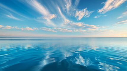 Vast, tranquil blue ocean stretching to the horizon under a sky of sweeping clouds - obrazy, fototapety, plakaty