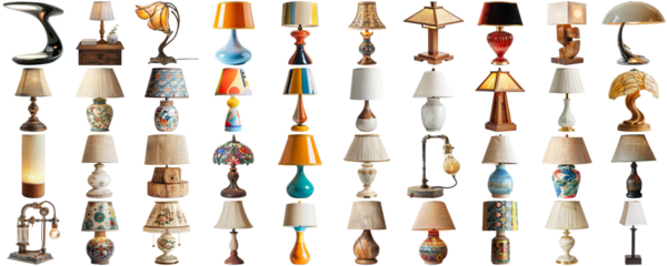 Big collection set of lamp in various styles retro vantage and modern bedside nightstand lighting different table lamp for interior decoration furniture element, isolated on transparent background