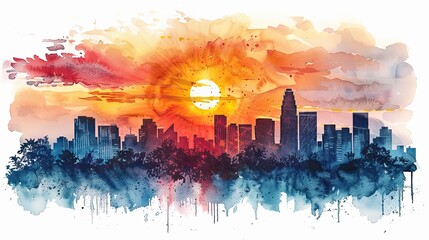 A watercolor painting of a cityscape with a bright orange sun setting over the buildings.