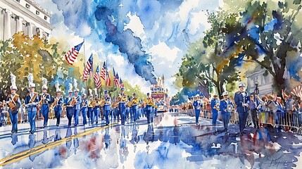 Obraz premium A watercolor painting of a marching band in a parade with a blue sky and white clouds in the background.
