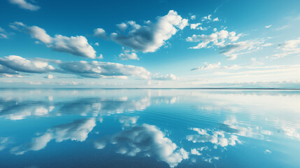 Pristine clear sky with white clouds reflected perfectly in the undisturbed water surface below