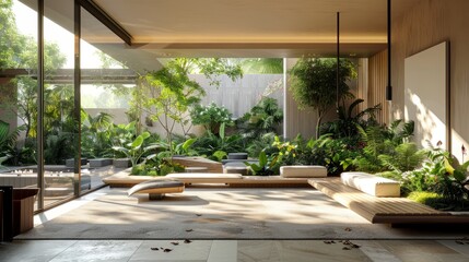 Fototapeta premium Photo of a beautiful living room with a lot of plants.