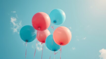 Pink and blue balloons float through the sky.
