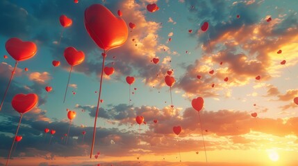 Red heart balloons float through a sky of pink, blue, and violet.