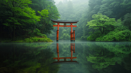 A serene image capturing a traditional Japanese Torii gate reflected on a mist-covered lake surrounded by lush greenery - obrazy, fototapety, plakaty