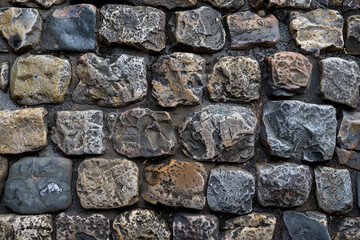 Fototapeta premium Textured surface of cobbled stones, showcasing their irregular shapes and worn surfaces. Cobbled stone textures offer a classic and timeless backdrop