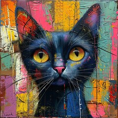 Vibrant abstract cat with piercing yellow eyes. Generative AI