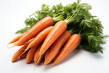 Fresh young carrot with green leaves isolated on white background.