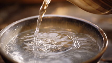 A high-definition close-up capturing the dynamic motion of water being poured into a traditional Asian vessel