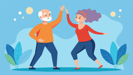 An elderly couple participating in a dance class known to promote increased flow to the brain and improve cognitive function..
