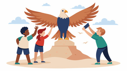 Children carefully molded sand into a soaring bald eagle its wings outstretched in a display of strength and patriotism.. Vector illustration