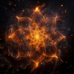 Symmetrical golden fractal pattern resembling a blooming flower surrounded by glowing embers and smoke on a dark background